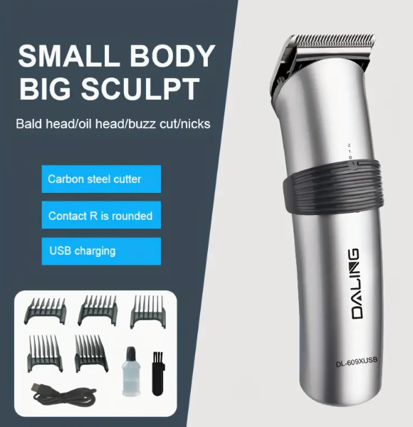 DALING DL-609X USB Rechargeable Hair Clipper - Professional Precision Trimmer with Anti-Interference Stainless Steel Blades, Long Battery Life, Multiple Comb Attachments, Ideal for Bald, Oiled, Buzz, and Nicks, Professional Hair Trimming | Sleek Hair Trimmer | Durable Hair Trimmer